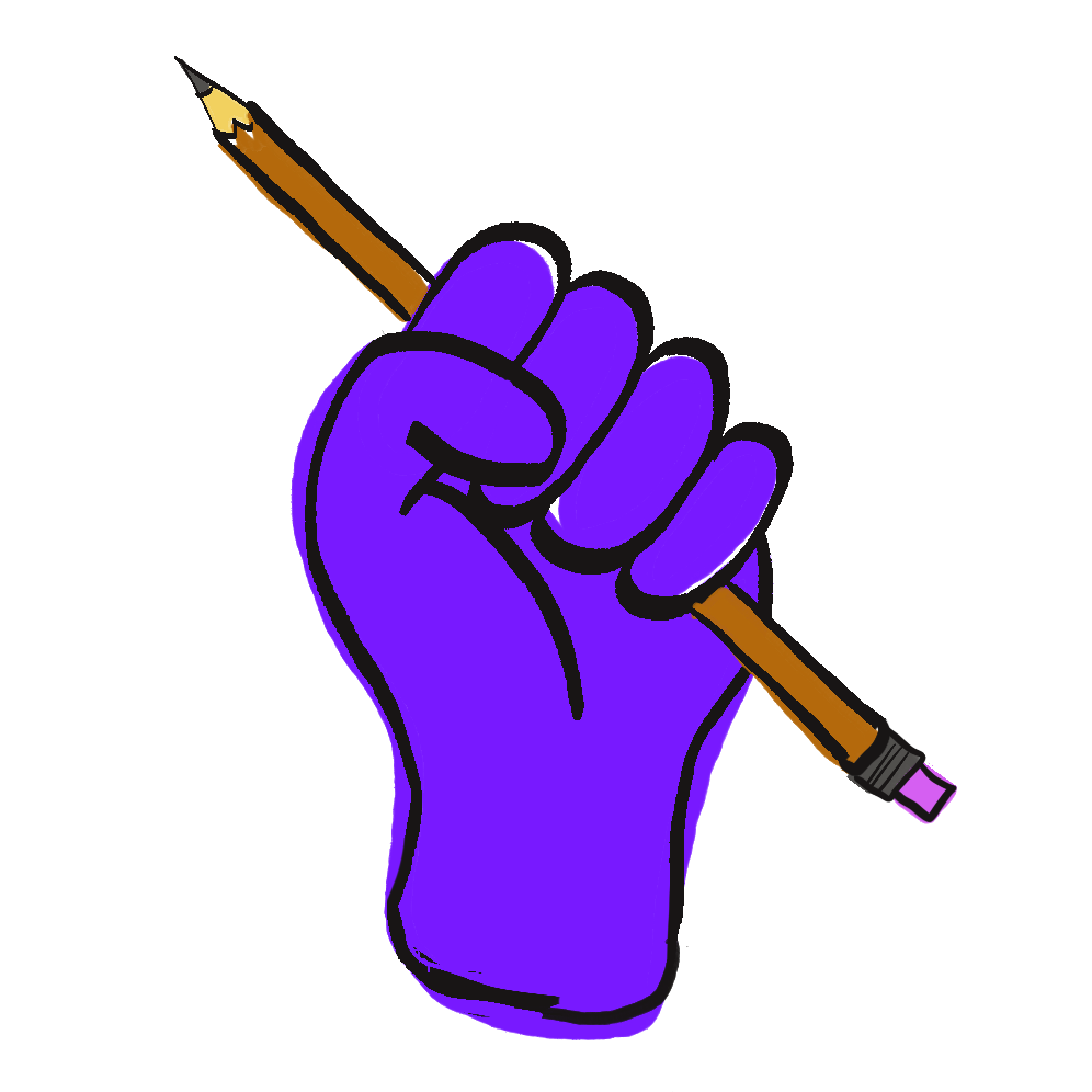 A line drawn illustration of a fist holding a pencil